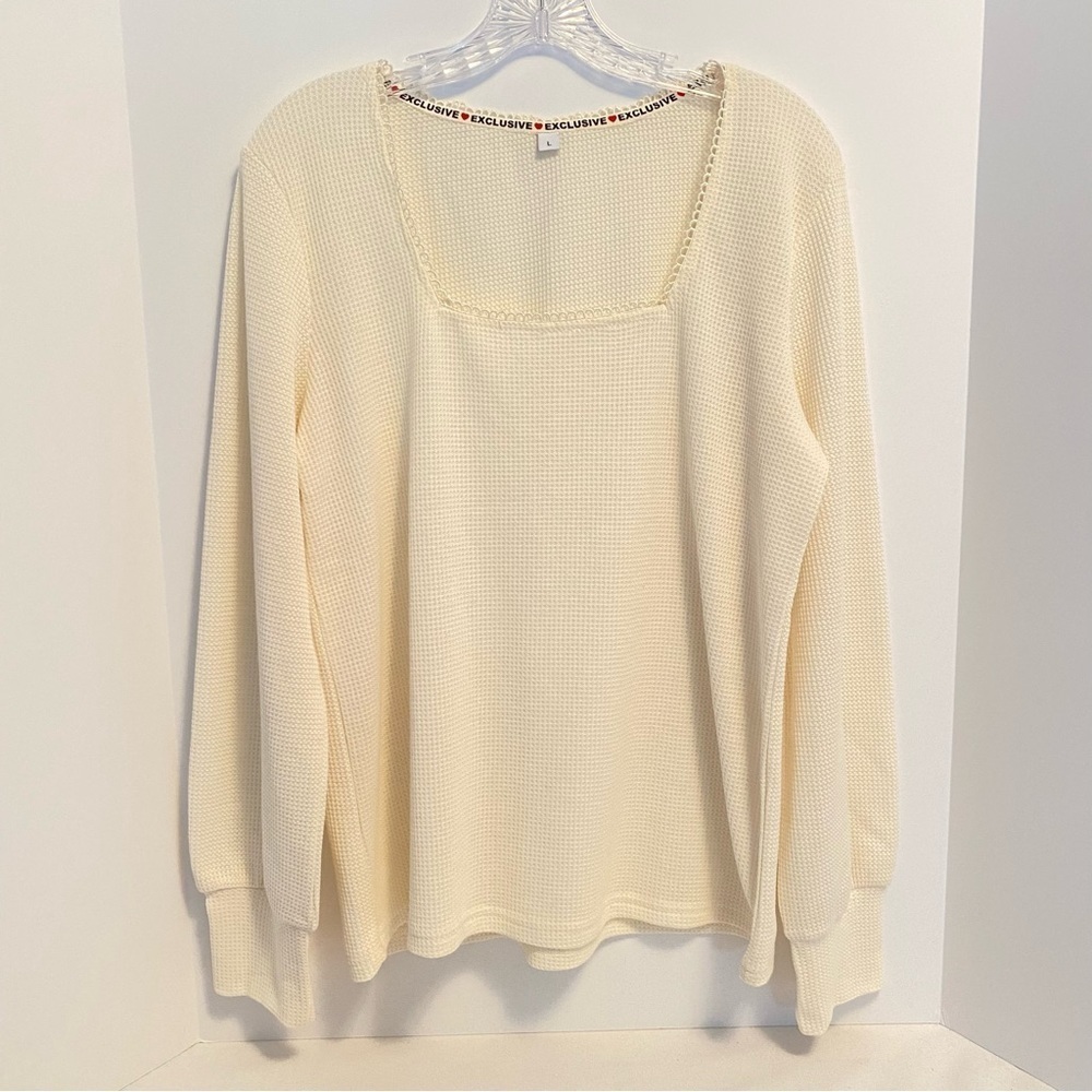 Exclusive Women's Square-Neck Thermal Long Sleeve Top Cream Size Large